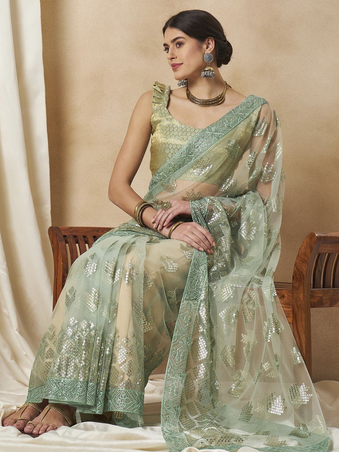 

Sangria Georgette Embellished Saree With Matching Blouse, Green