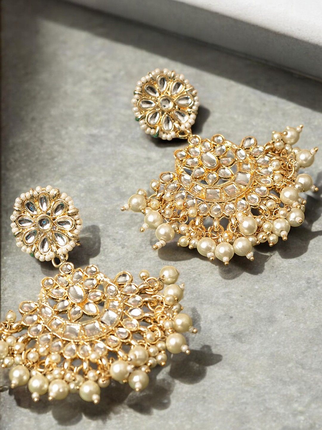 

House of Pataudi Kundan Stone Studded & Beaded Chandbali Drop Earrings, Gold
