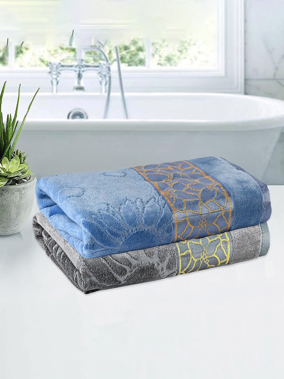 

Kuber Industries Grey & Blue 2 Pieces Floral Textured Cotton 450 GSM Bath Towel