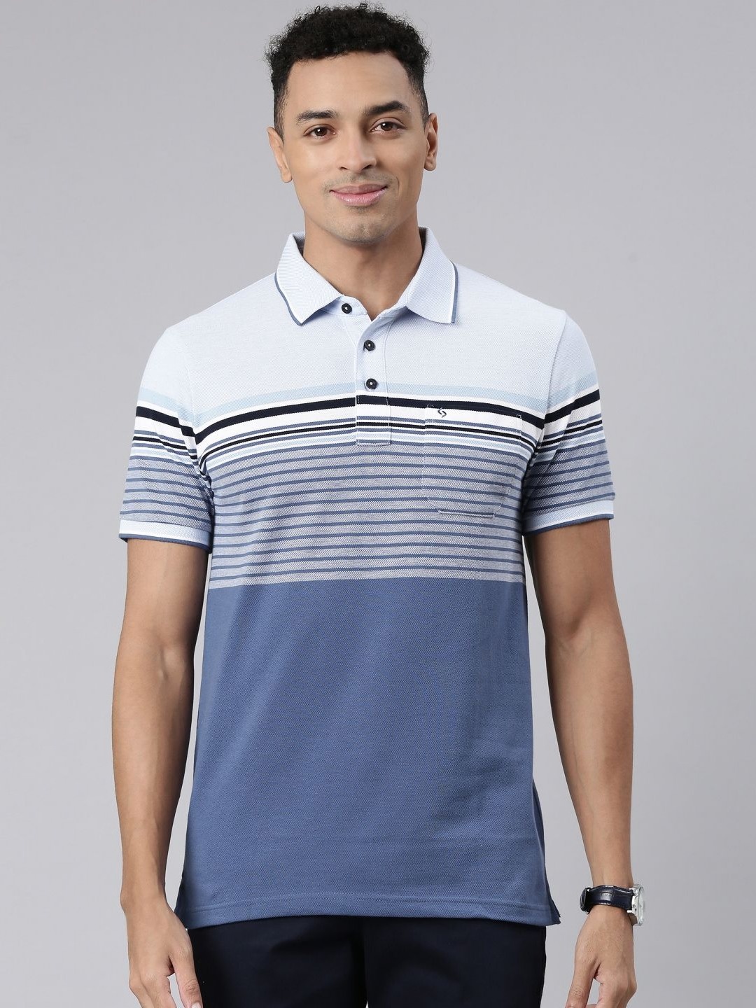 

Classic Polo Men Striped Polo Collar Cotton Slim Fit T-shirt, Blue