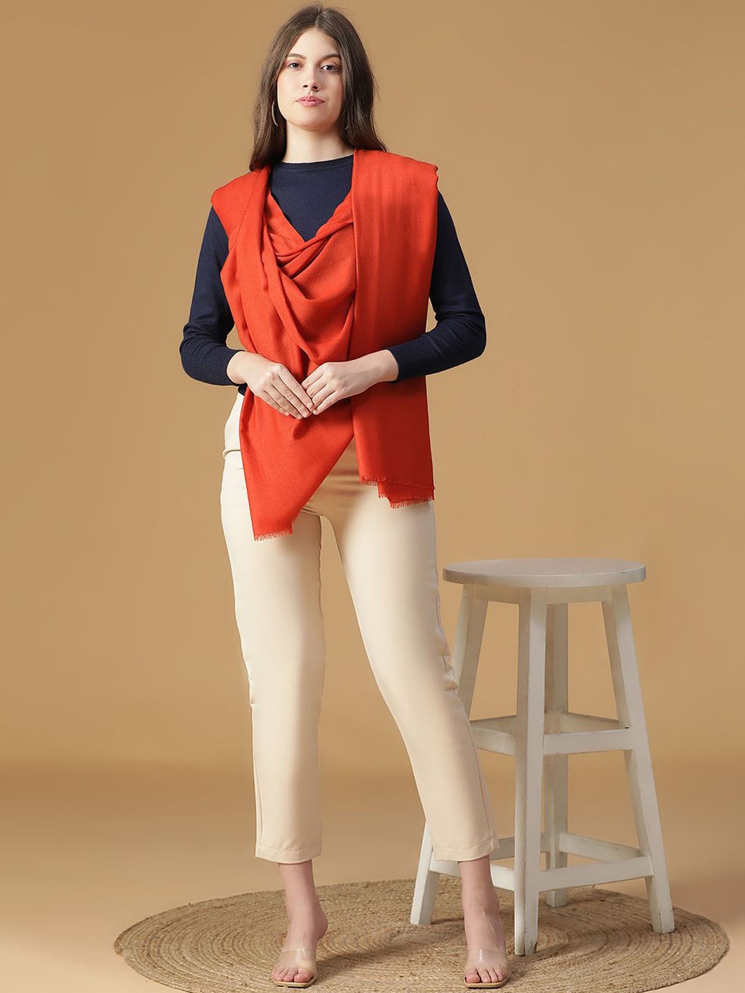 

SHINGORA Majestic Simplicity Fringed Border Pure Woollen Shawl, Rust