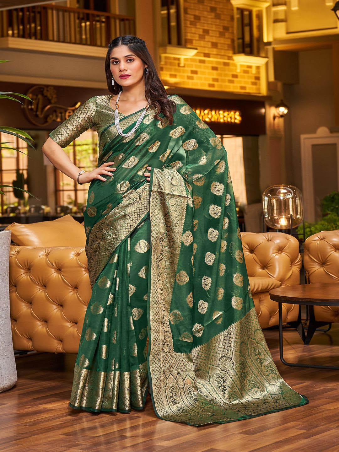 

Krimmple Woven Design Zari Organza Saree, Green