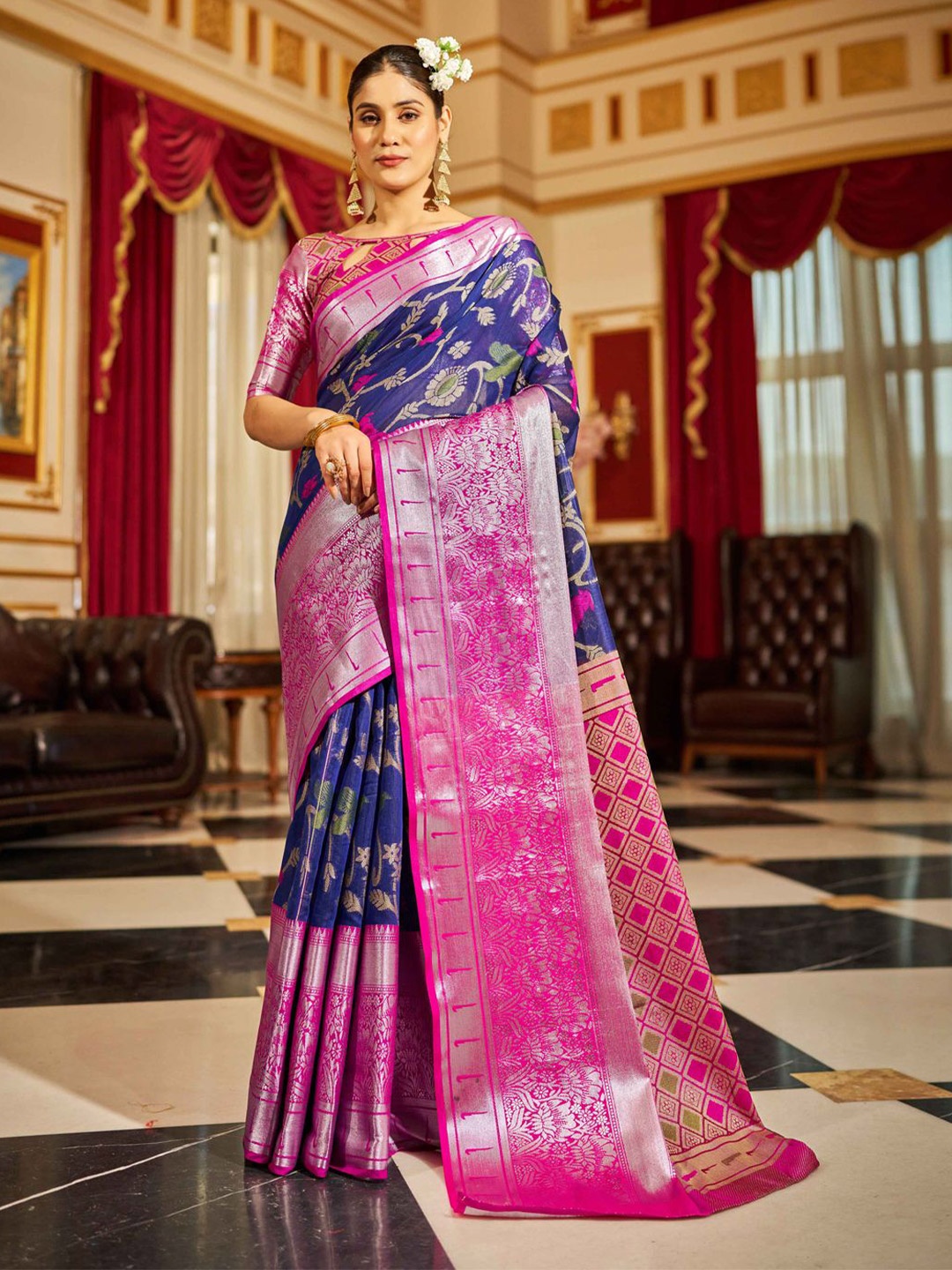 

Krimmple Ethnic Motifs Woven Design Zari Saree, Blue