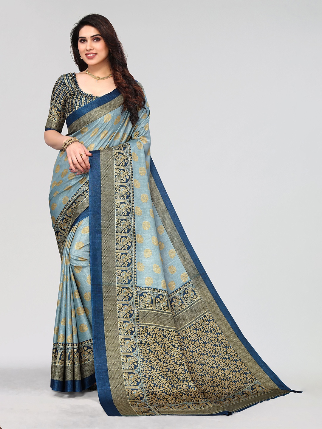 

VIRICA Floral Printed Saree With Blouse Piece, Blue