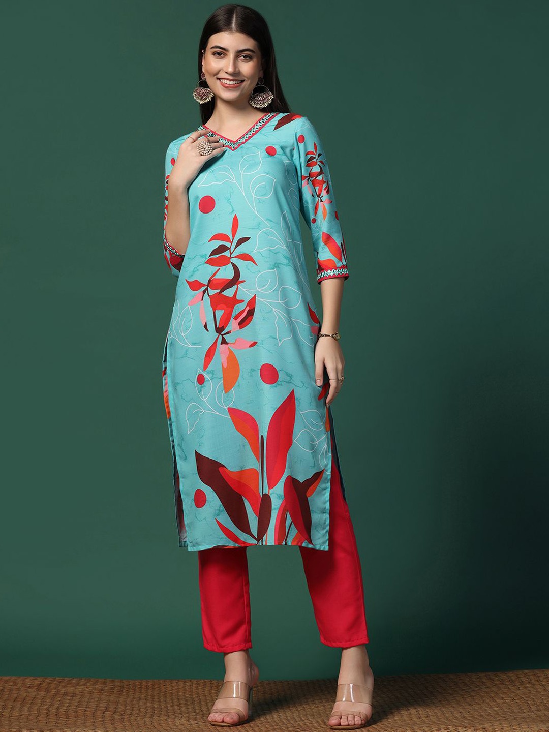 

BAESD Floral Printed Regular Mirror Work Straight Kurta with Trousers, Blue