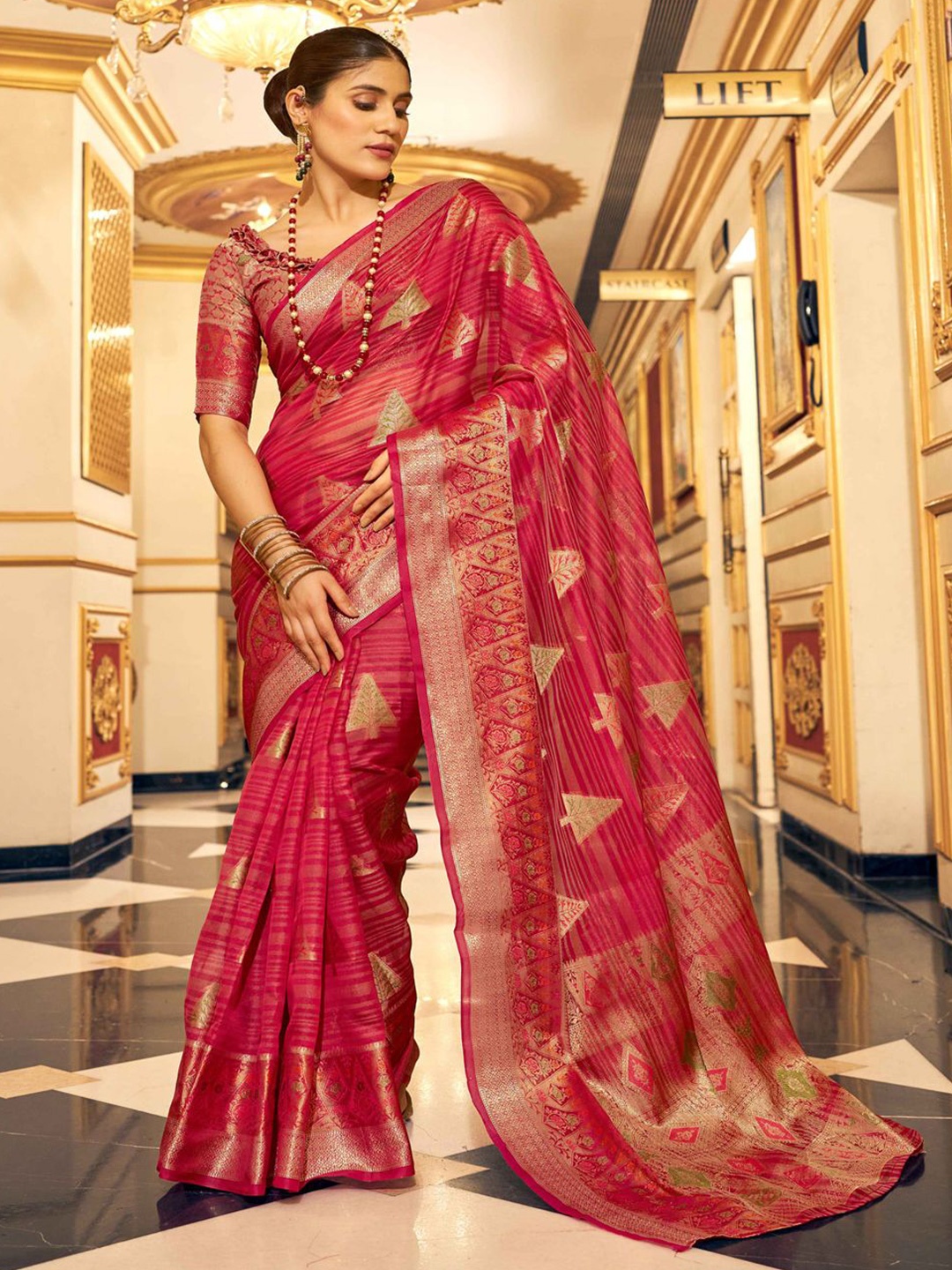 

Krimmple Woven Design Zari Organza Saree, Pink