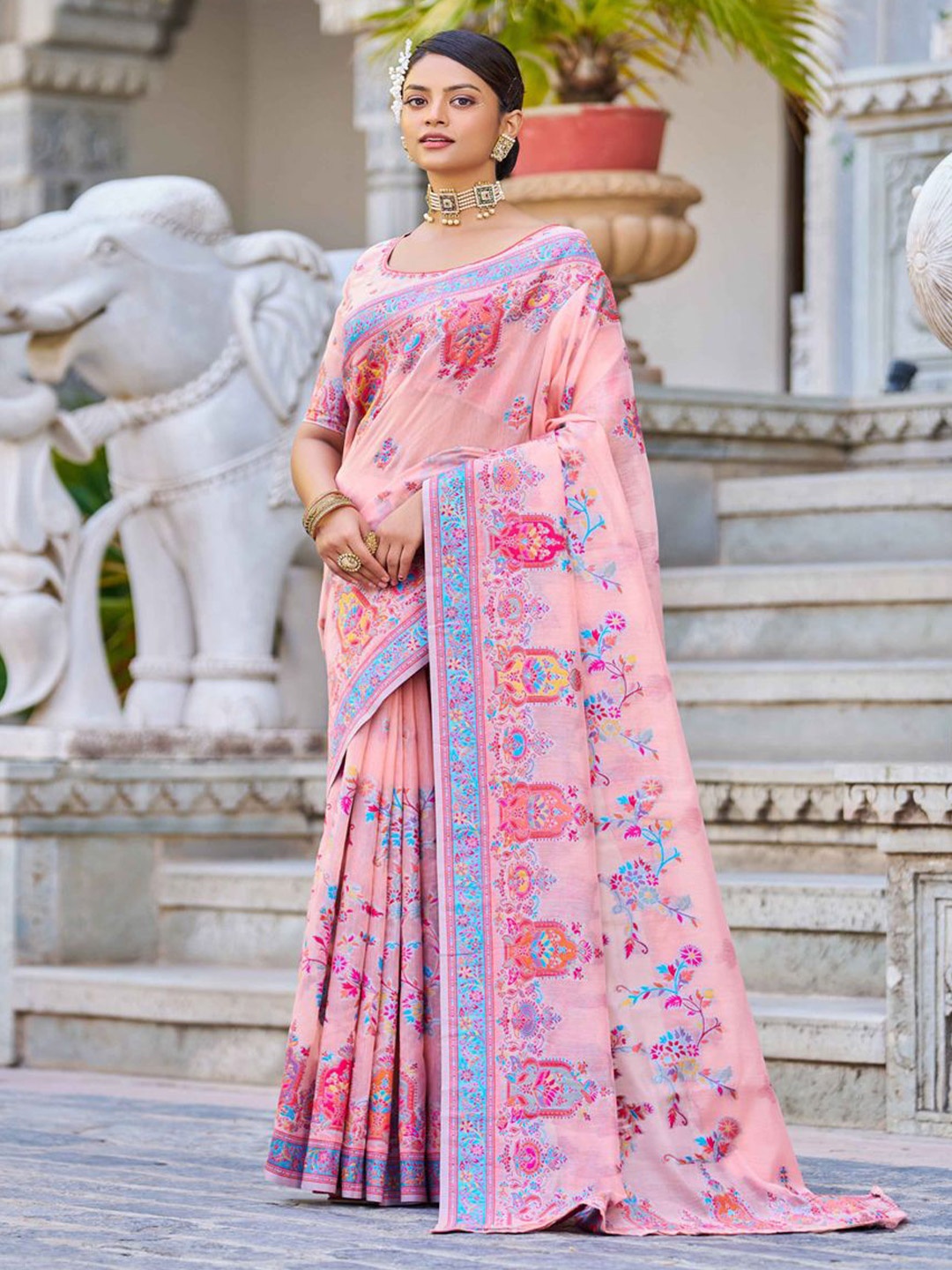 

Krimmple Woven Design Ethnic Festive Saree, Peach