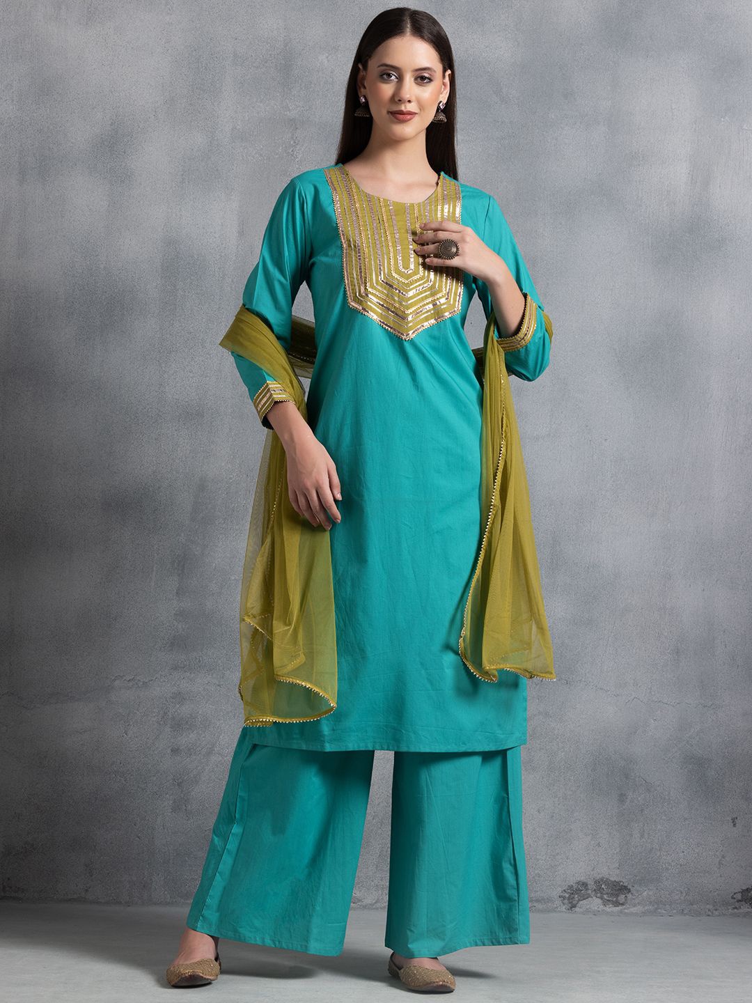 

INDYA Gotta Patti Pure Cotton Straight Kurta With Palazzos & Dupatta, Green