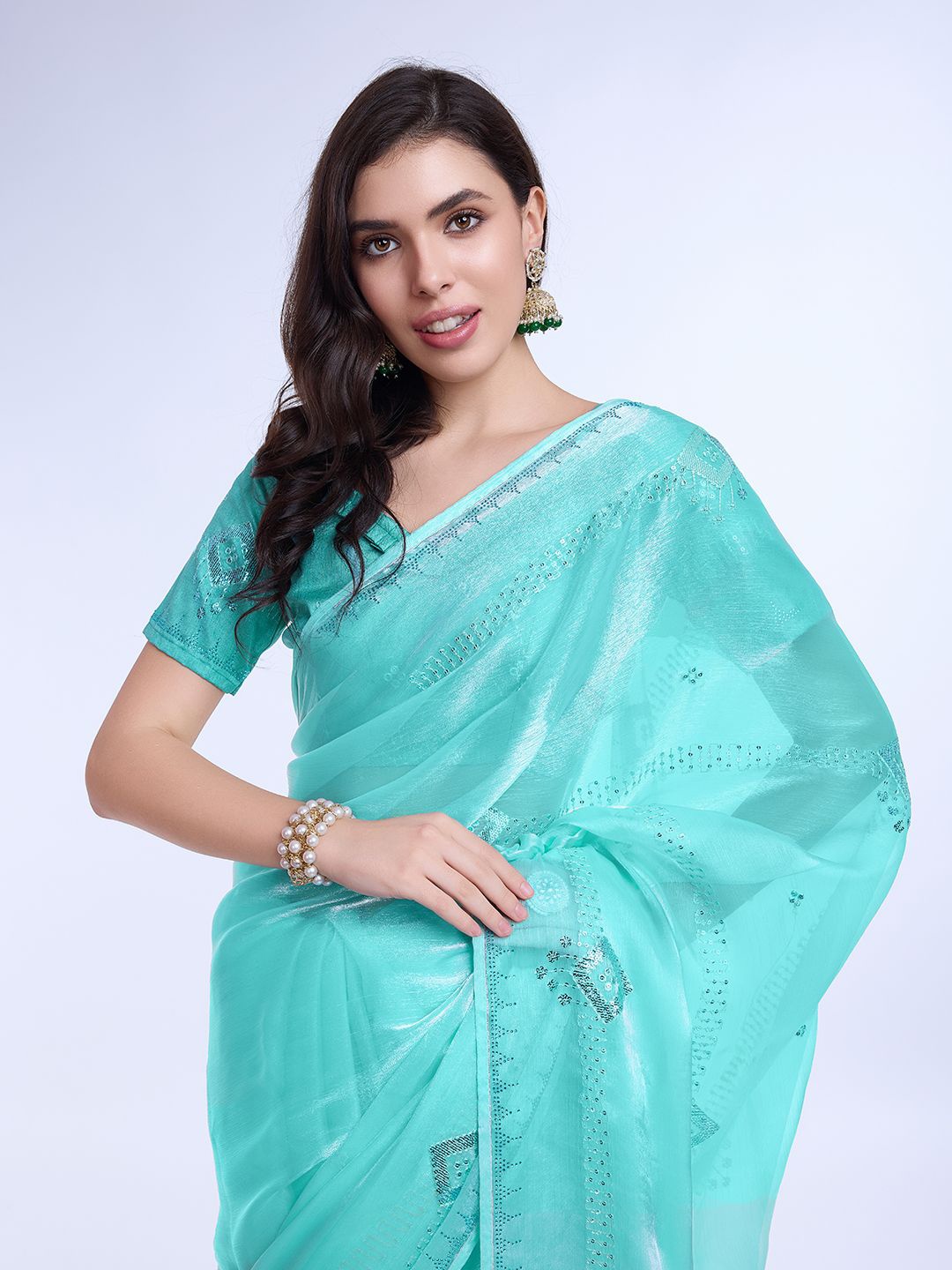 

Mitera Sequinned Poly Chiffon Saree, Teal