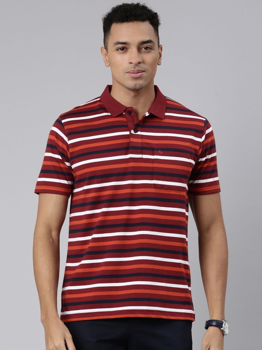 

Classic Polo Men Striped Polo Collar Cotton T-shirt, Maroon