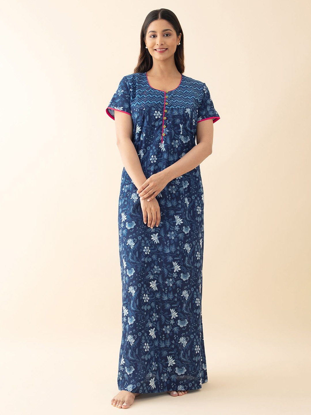 

Maybell Women Floral Printed Pure Cotton Maxi Nightdress, Blue