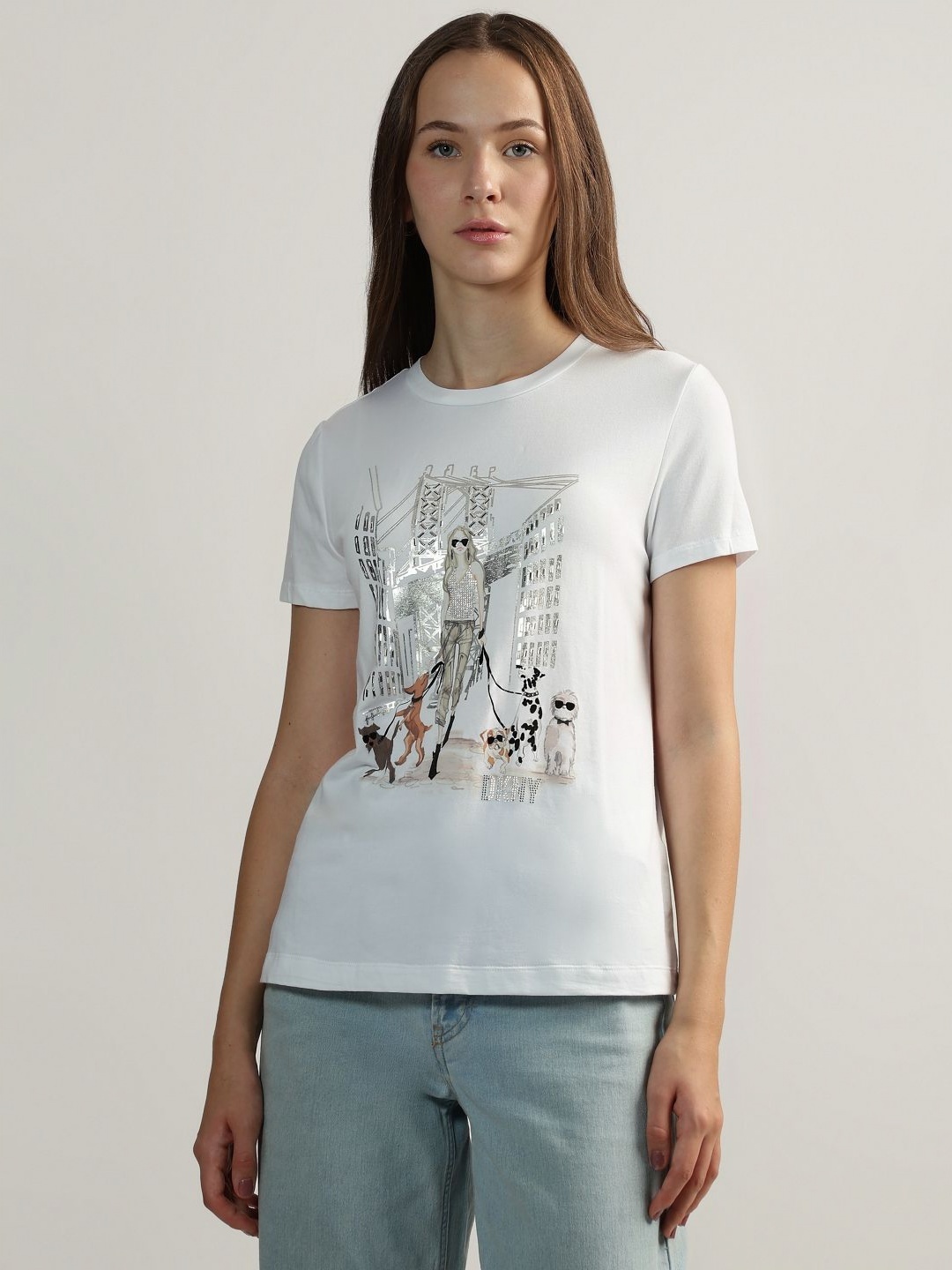 

DKNY Women Graphic Printed Round Neck Cotton T-shirt, White