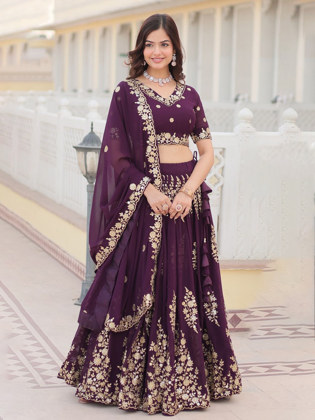 

KALINI Embroidered Silk Georgette Ready to Wear Lehenga & Unstitched Blouse With Dupatta, Purple