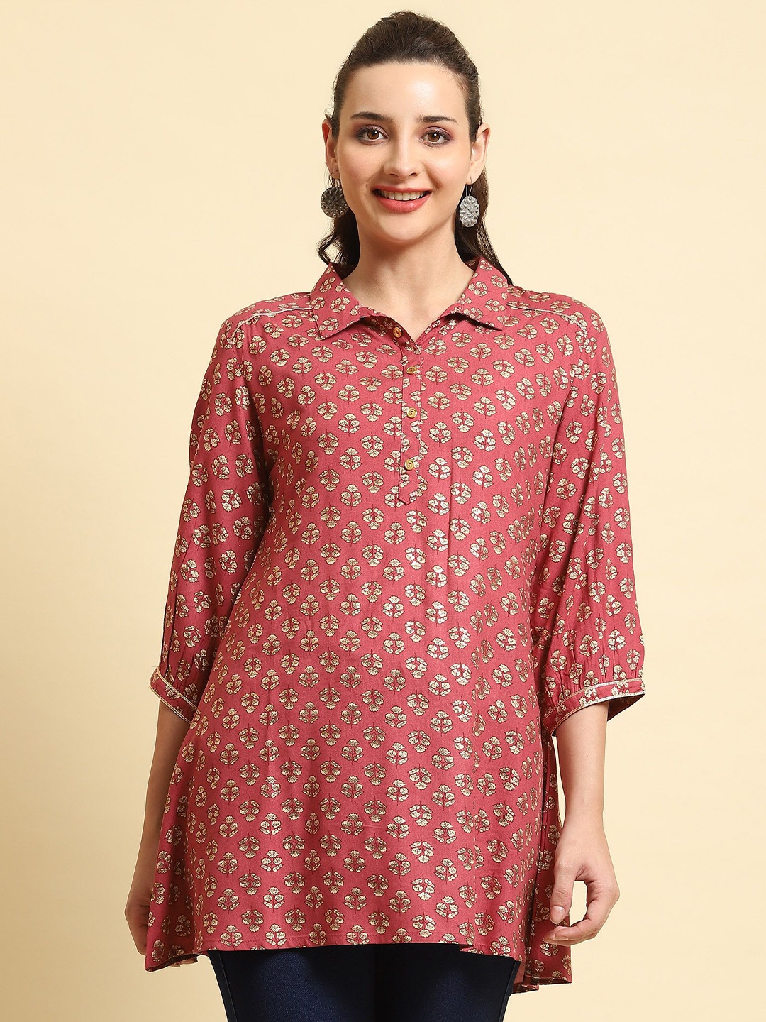 

Shree Liva Shirt Collar Printed Tunic, Rust