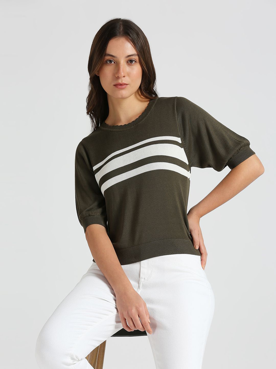 

Pepe Jeans Women Horizontal Striped Round Neck Top, Green