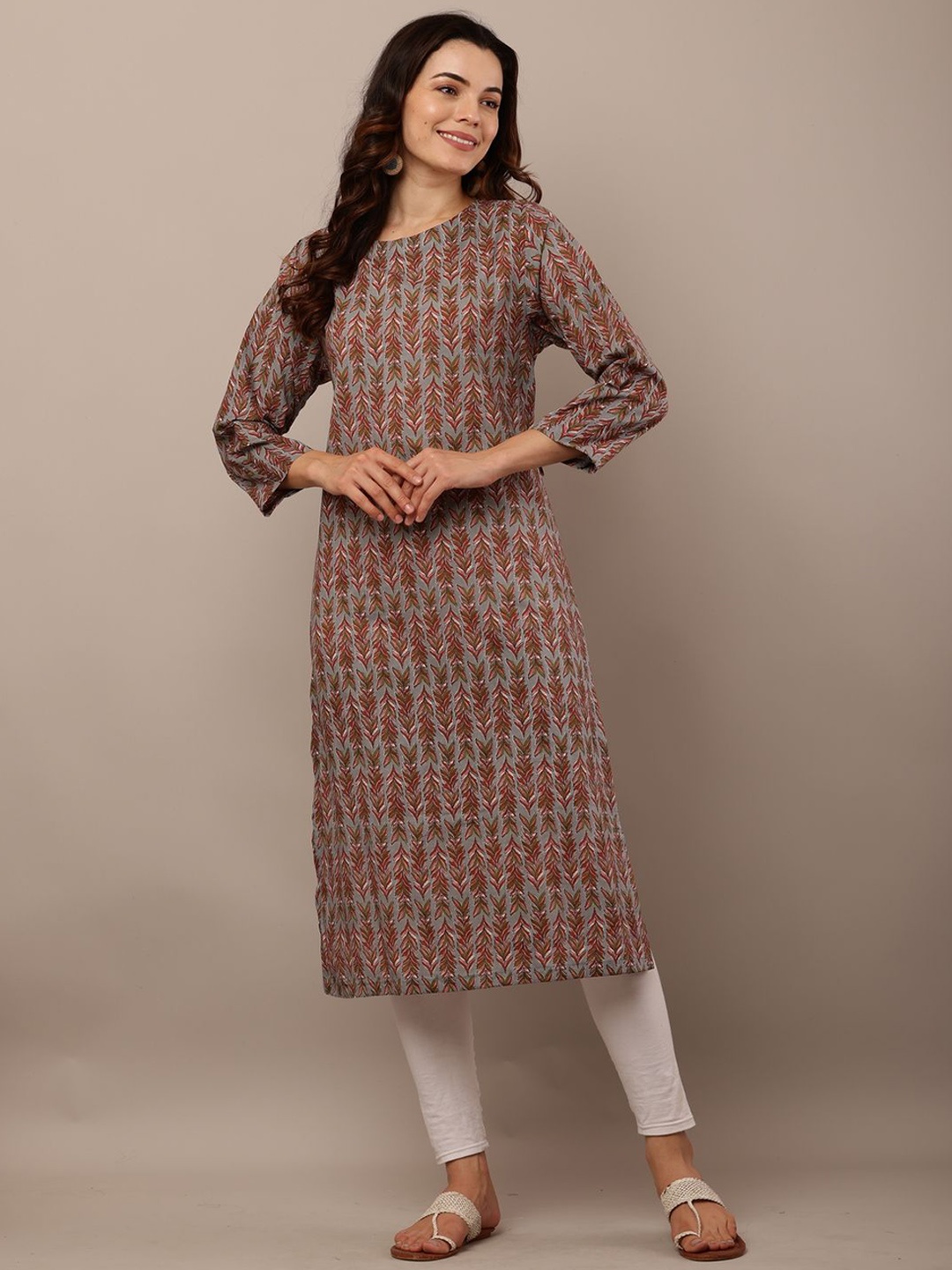 

GulaboJaipur Floral Printed Round Neck Pure Cotton Straight Kurta, Grey