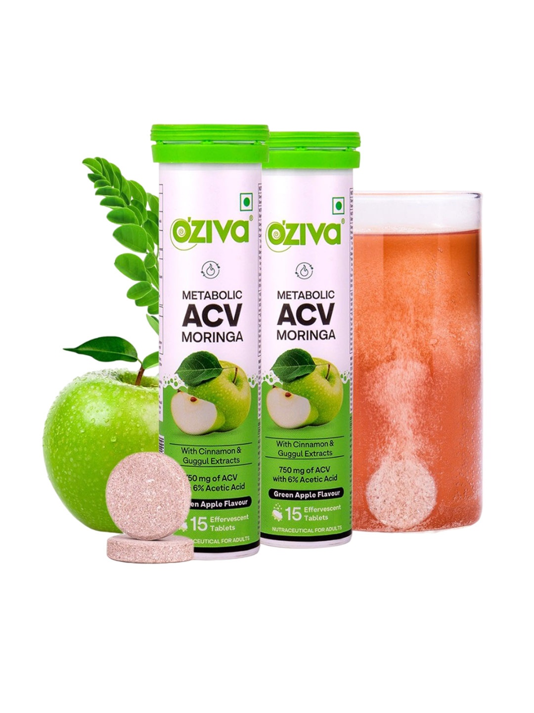 

OZiva Set Of 2 Metabolic ACV Moringa Tablets 15 Tablets Each - Green Apple Flavor