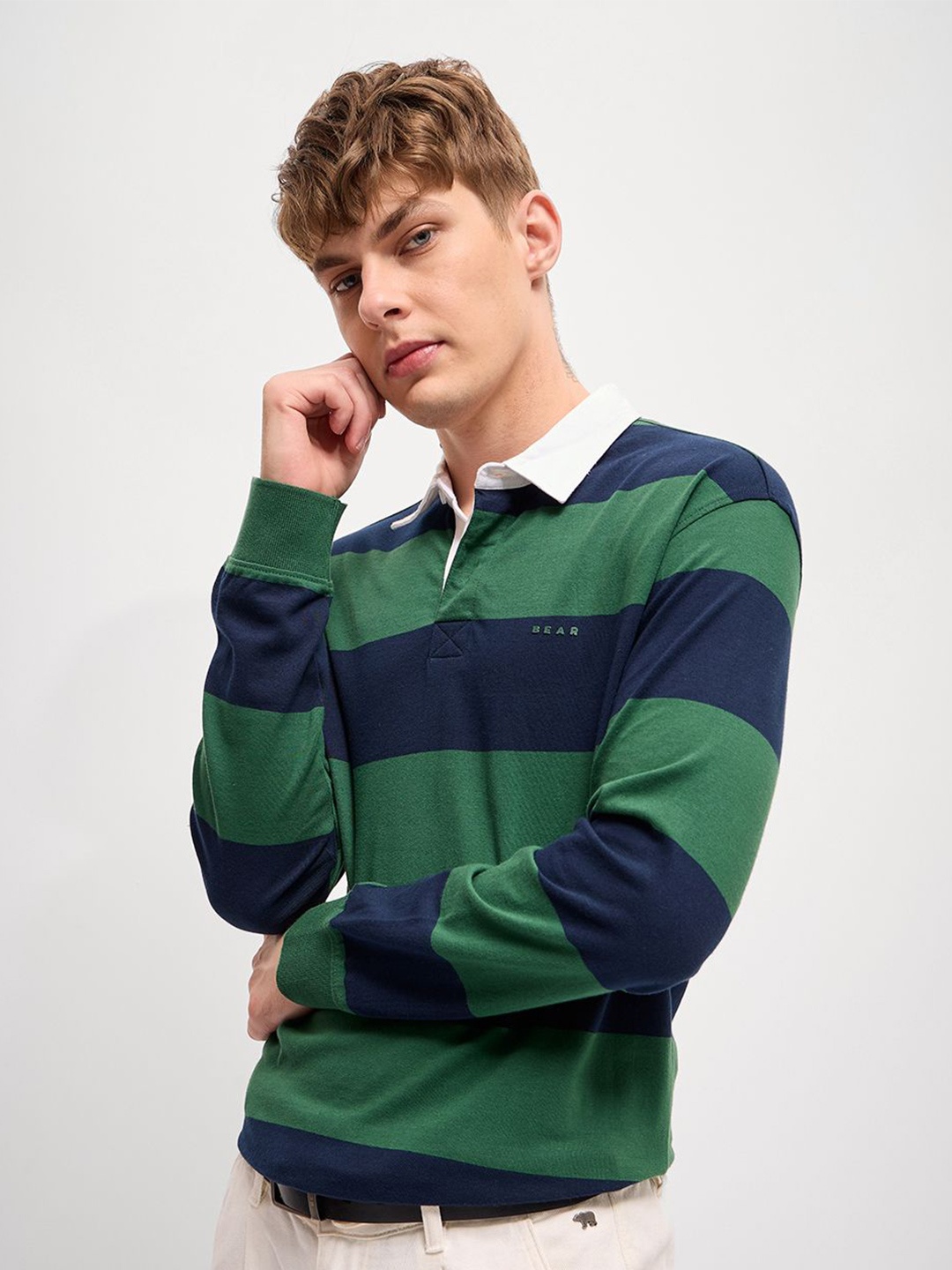 

THE BEAR HOUSE Men Striped Polo Collar Cotton T-shirt, Green