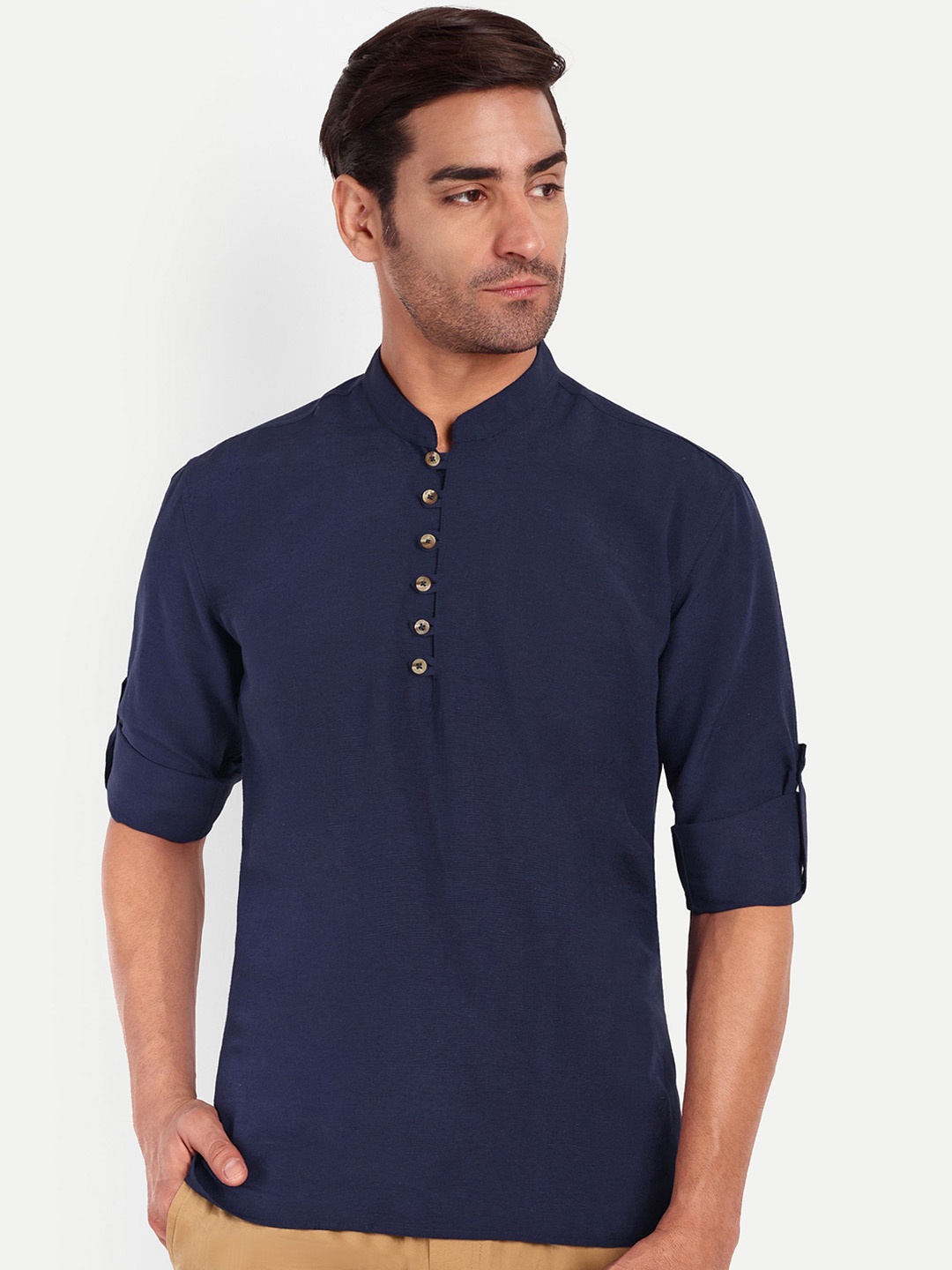 

Springberry Mandarin Collar Roll-up Sleeves Cotton Curved Kurta, Navy blue