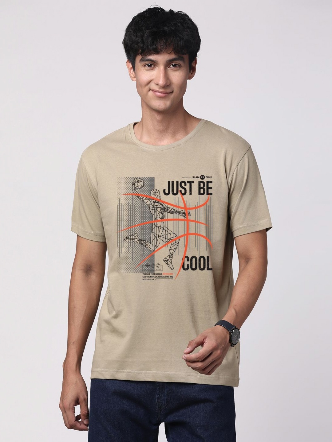 

ADRO Men Graphic Printed Round Neck Cotton T-shirt, Beige