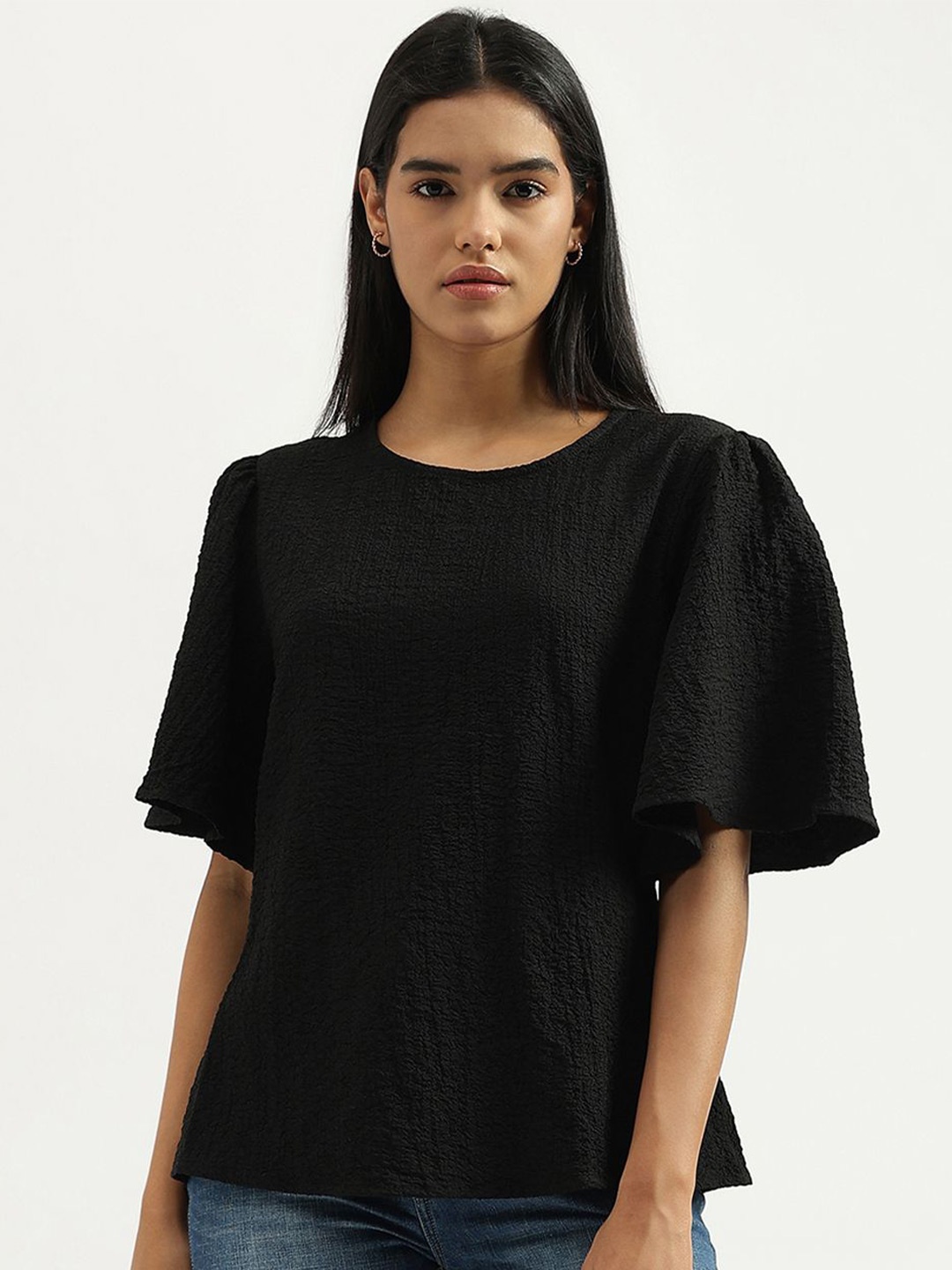 

United Colors of Benetton Women Solid Round Neck Top, Black