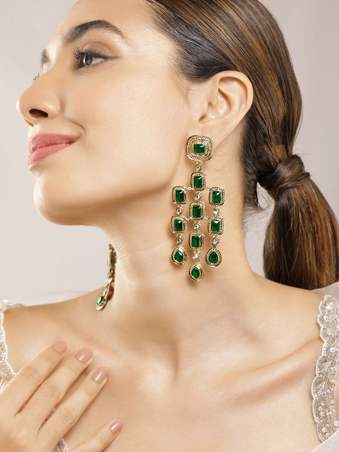 

Rubans 22K Gold-Plated Emerald Gemstone Studded Chandelier Drop Earrings