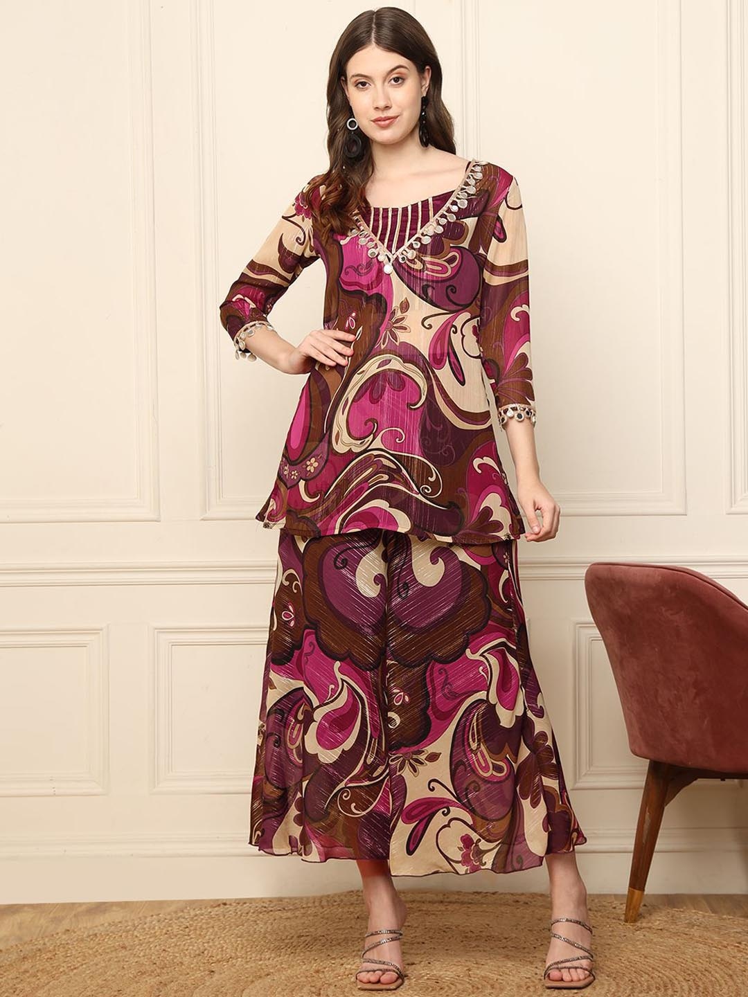 

DEEBACO Striped Crop Top With Floral Printed Tunic & Palazzos, Burgundy