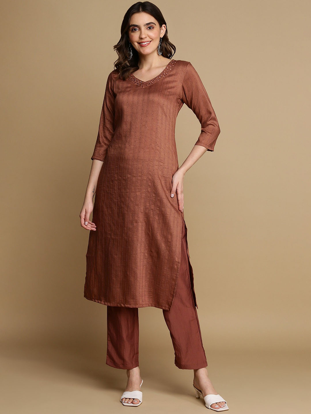 

Shiv ali apparels Striped Dobby Embroidered V-Neck Straight Kurta With Trousers, Brown