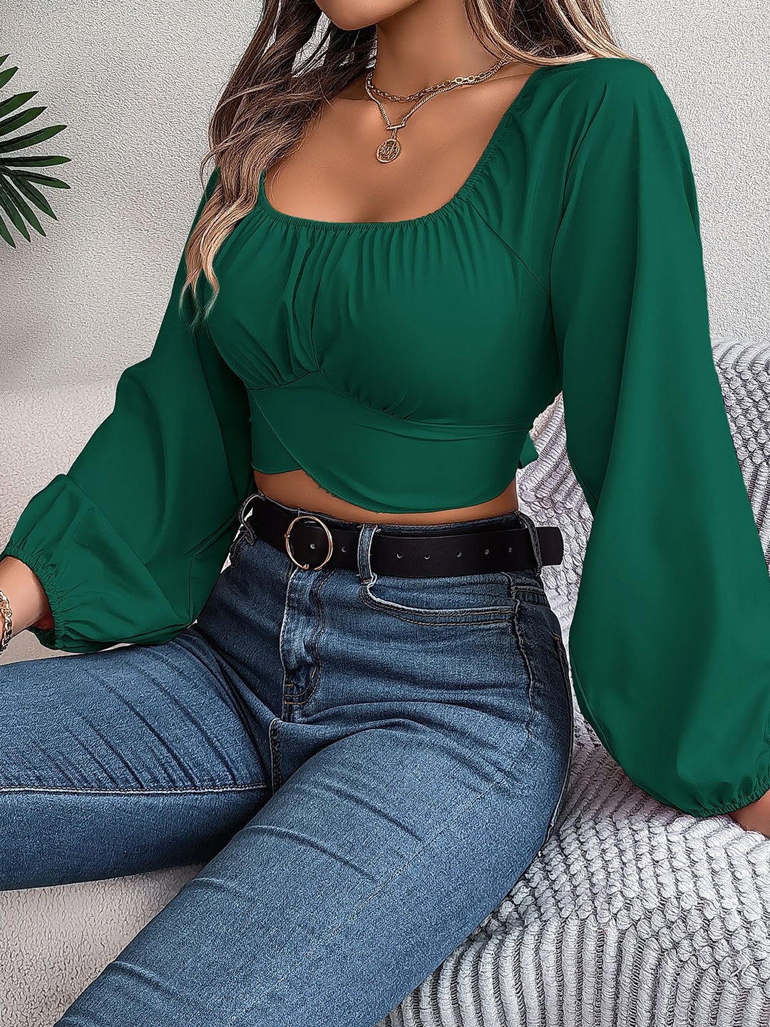 

HERE&NOW Women Solid Scoop Neck Top, Green