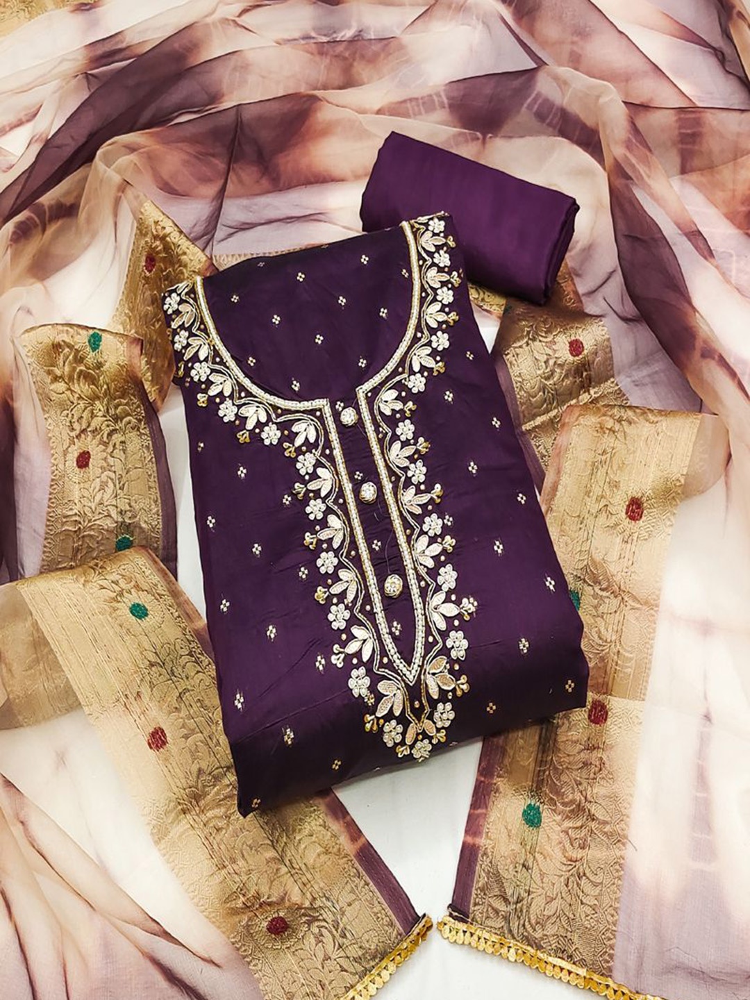 

ASISA Ethnic Motifs Embroidered Beads and Stones Unstitched Dress Material, Violet