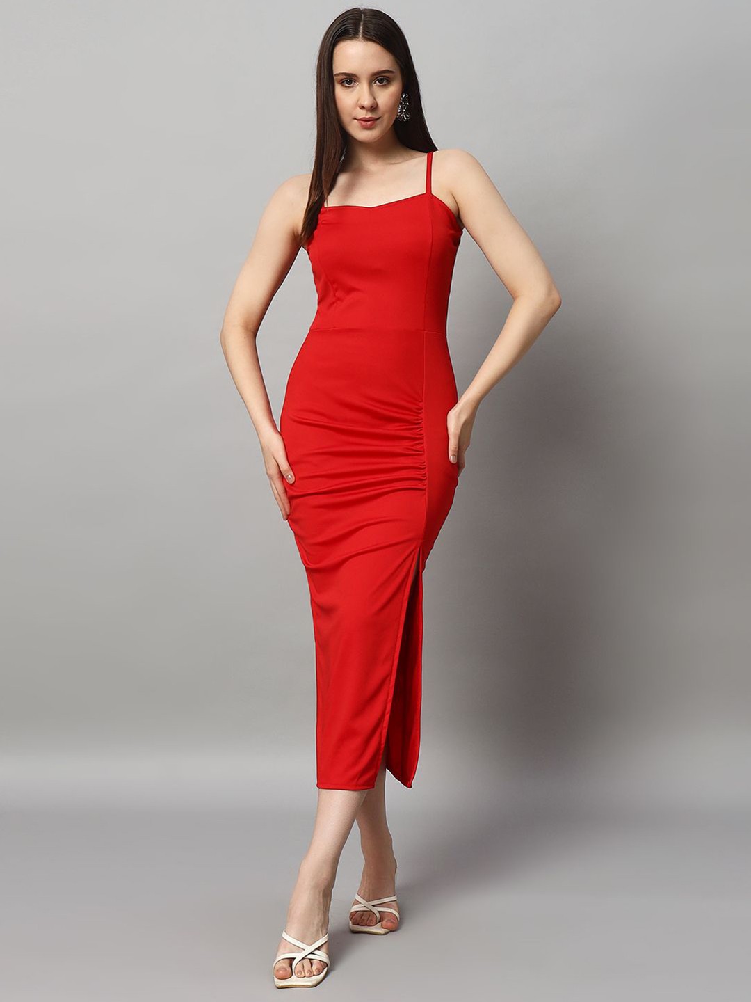 

VAARARO Women Solid Shoulder Straps Bodycon Dress, Red