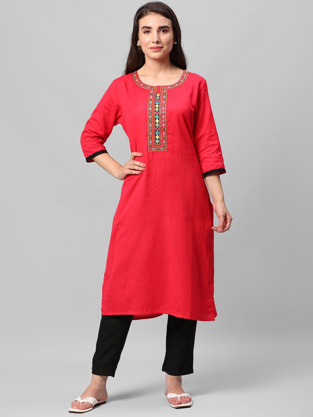 

Shree Floral Yoke Design Thread Work Cotton Straight Kurta, Fuchsia