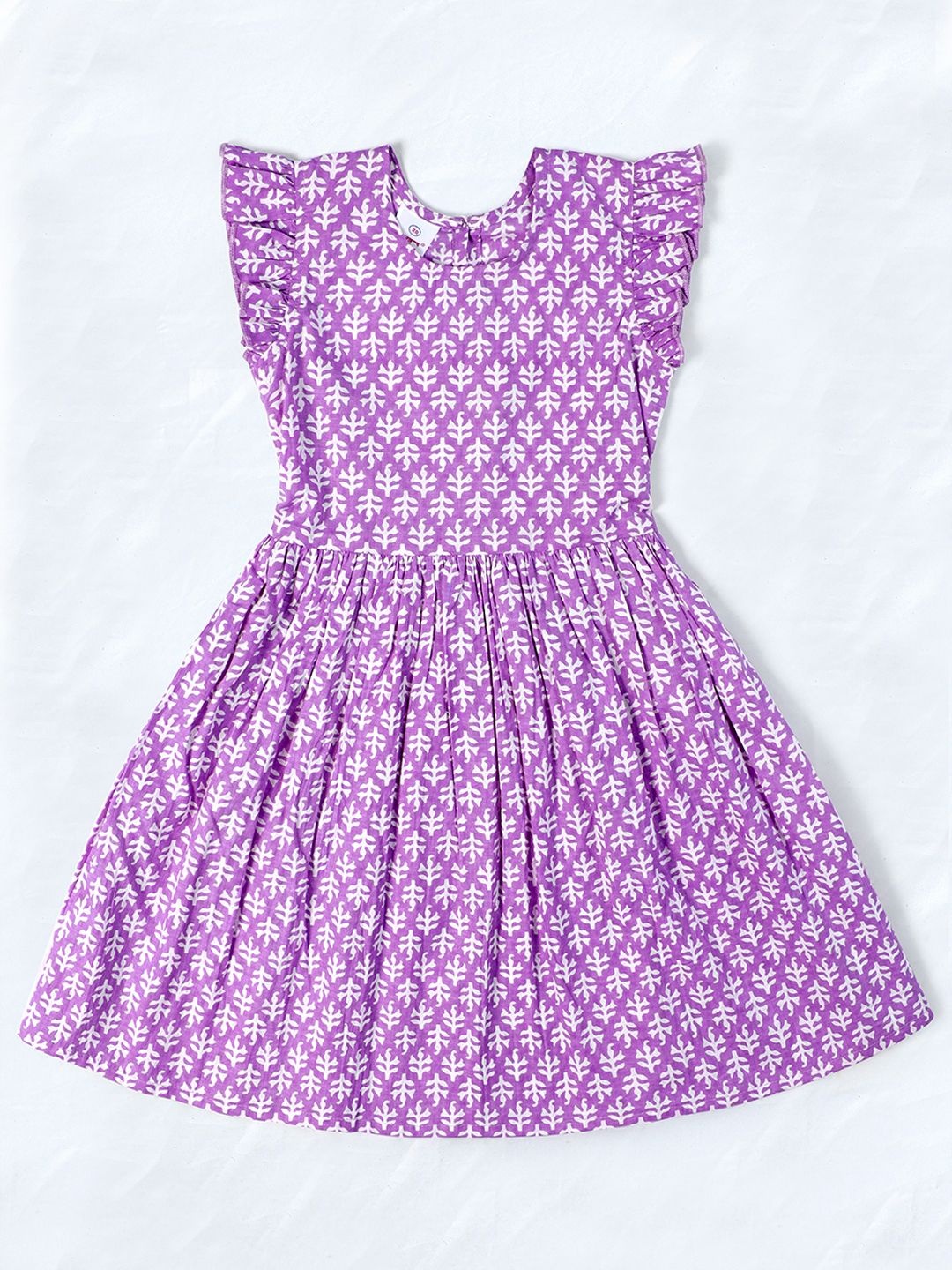 

OMPAX Girls Ethnic Motifs Printed Flutter Sleeve A-Line Dress, Purple