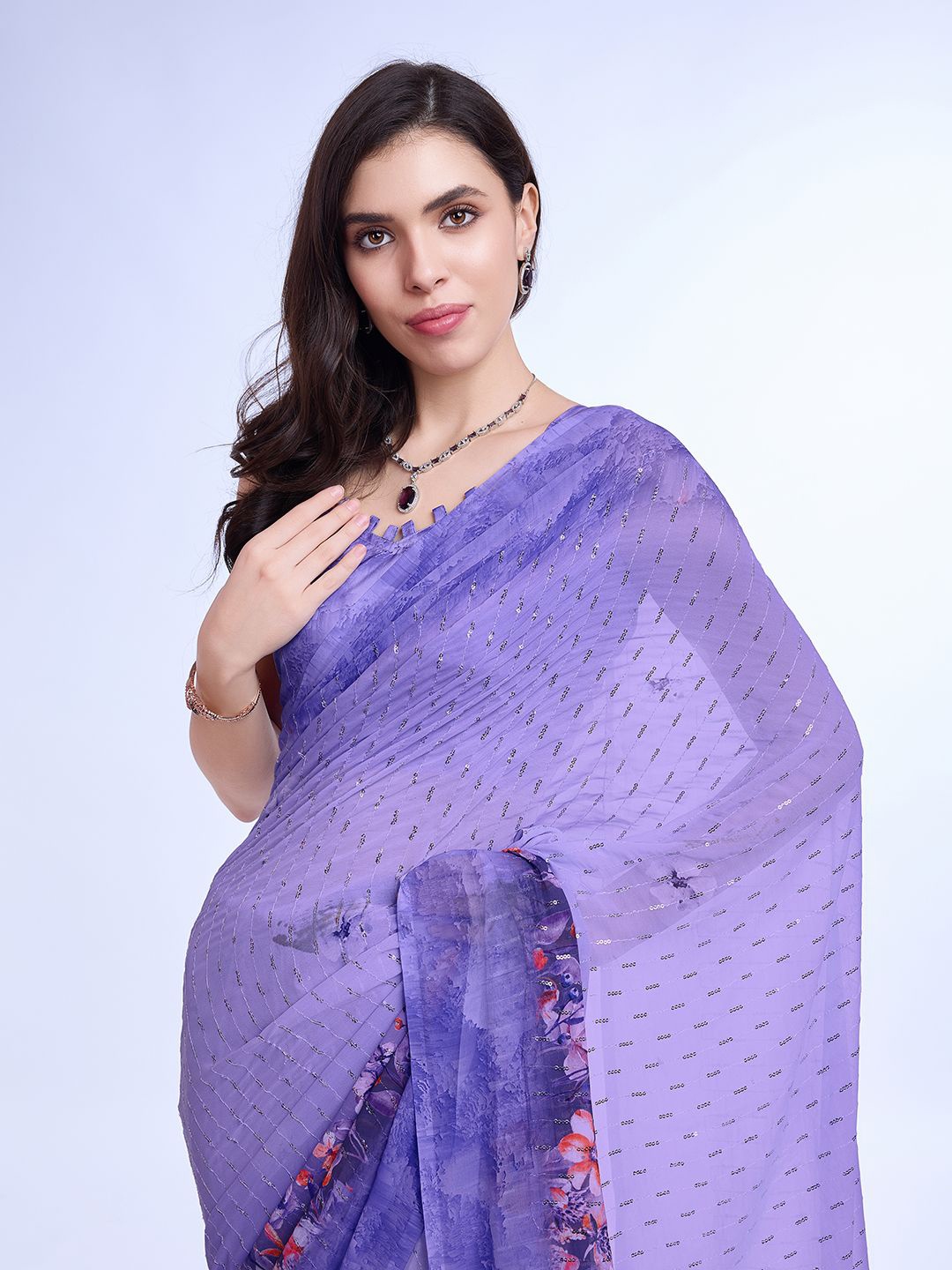 

Mitera Floral Embellished Sequinned Saree, Purple