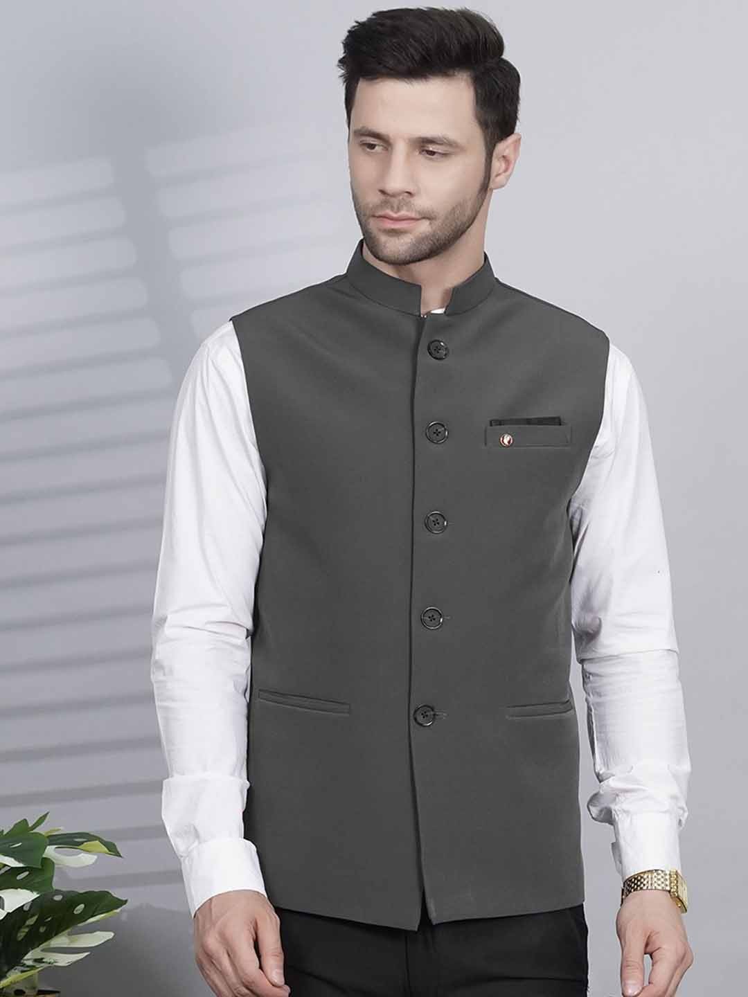 

LA'SCOOT Mandarin Collar Woven Nehru Jacket, Grey