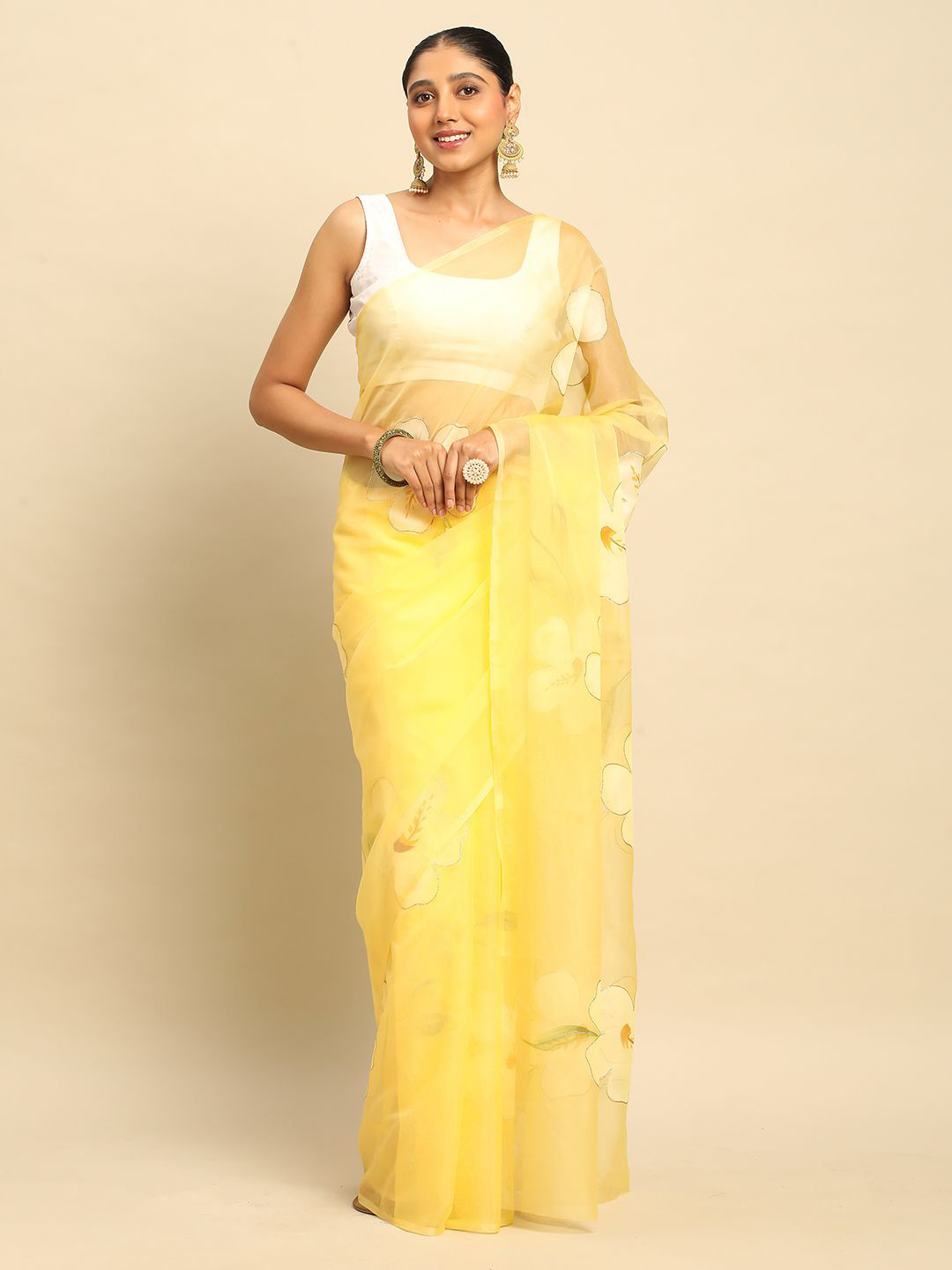

DrapeMall Floral Organza Saree, Yellow