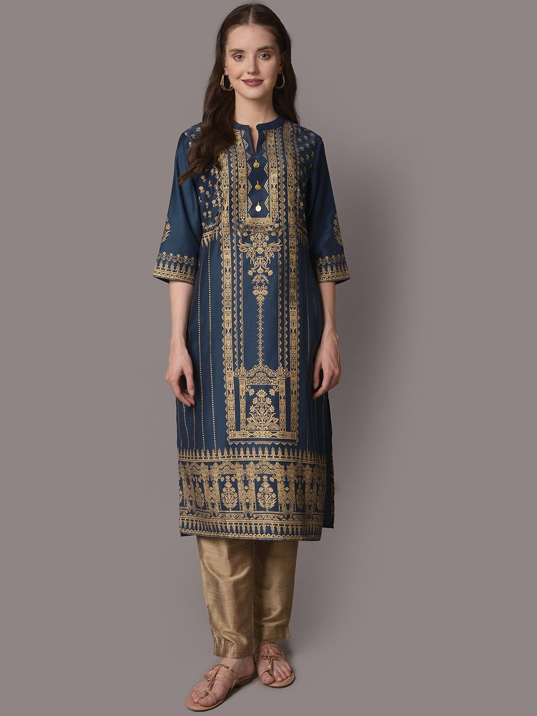 

Shree Ethnic Motifs Printed Mandarin Collar Liva Straight Kurta, Navy blue
