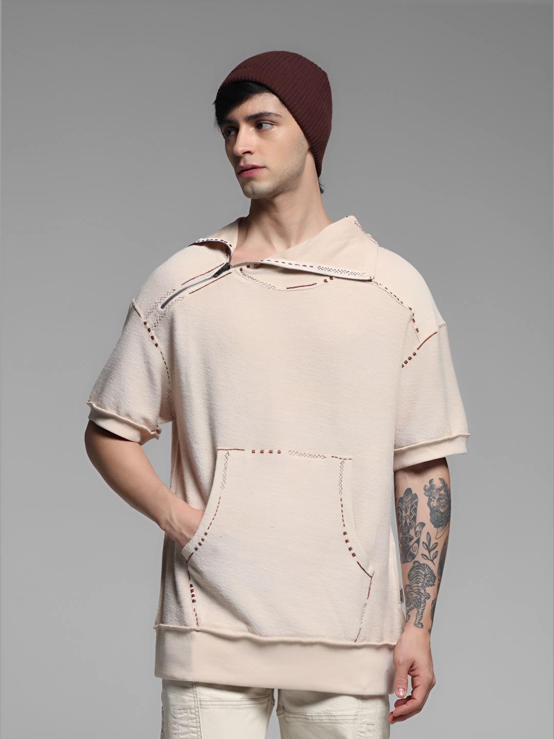 

Jack & Jones Men Self Design Hood Cotton Oversized T-shirt, Beige