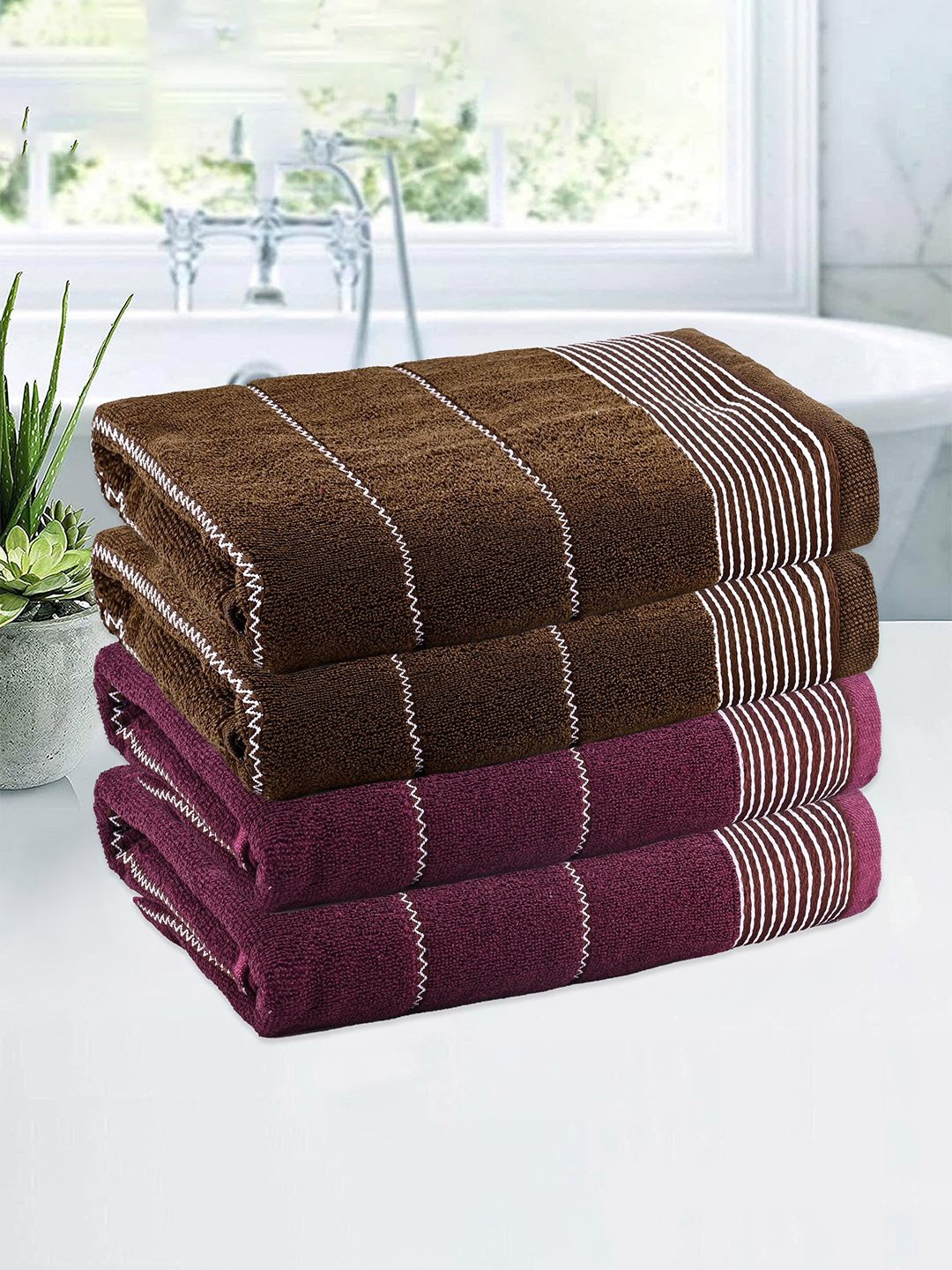 

Kuber Industries Maroon & Brown 4 Piece Striped Cotton 450 GSM Bath Towel