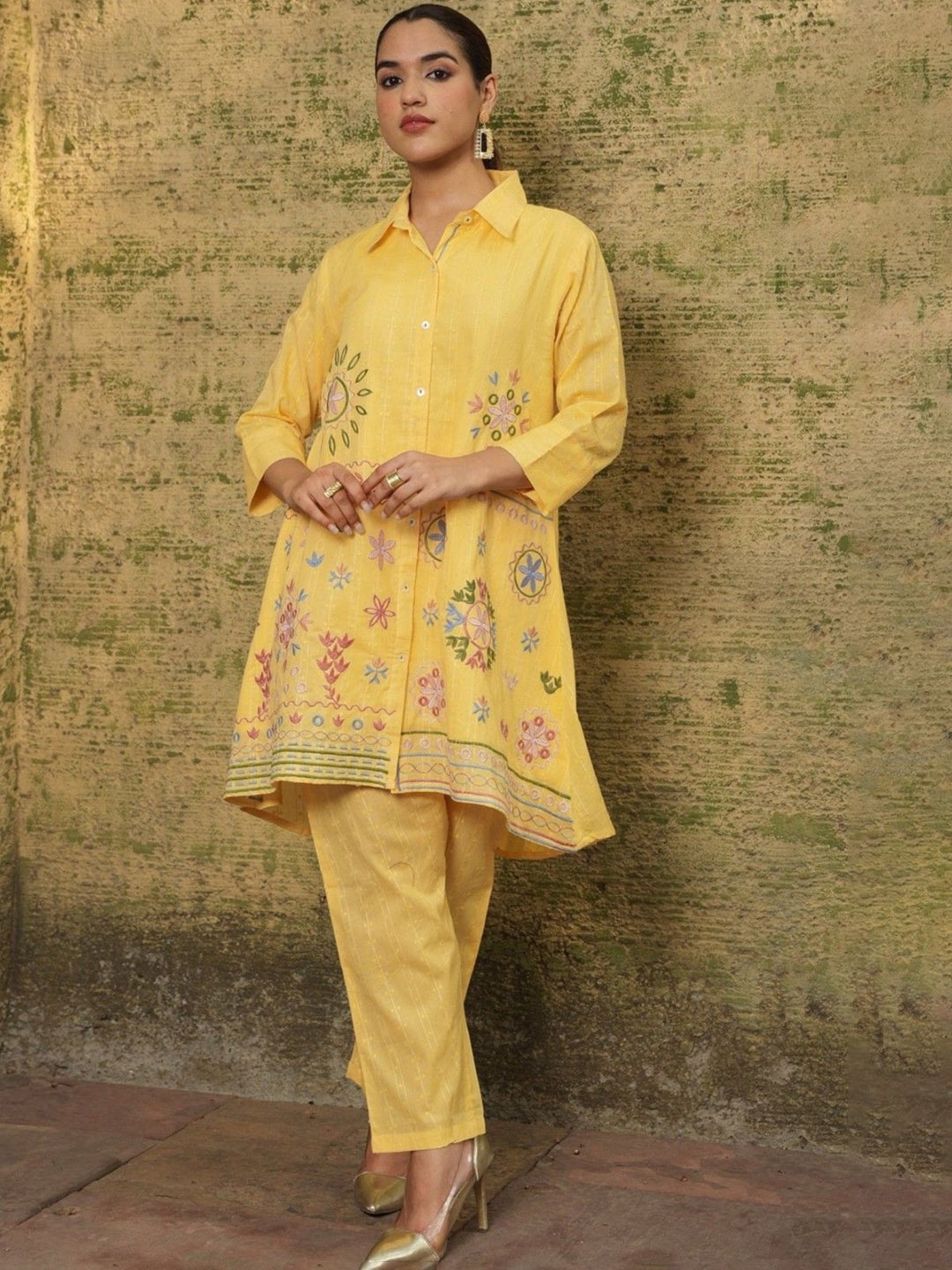 

AUTUMN LANE Floral Embroidered Pure Cotton Tunic With Trousers, Yellow