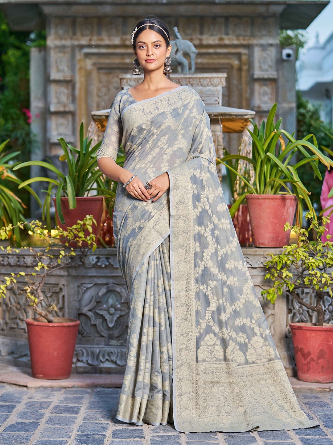 

Krimmple Woven Design Festive Saree With Zari, Grey