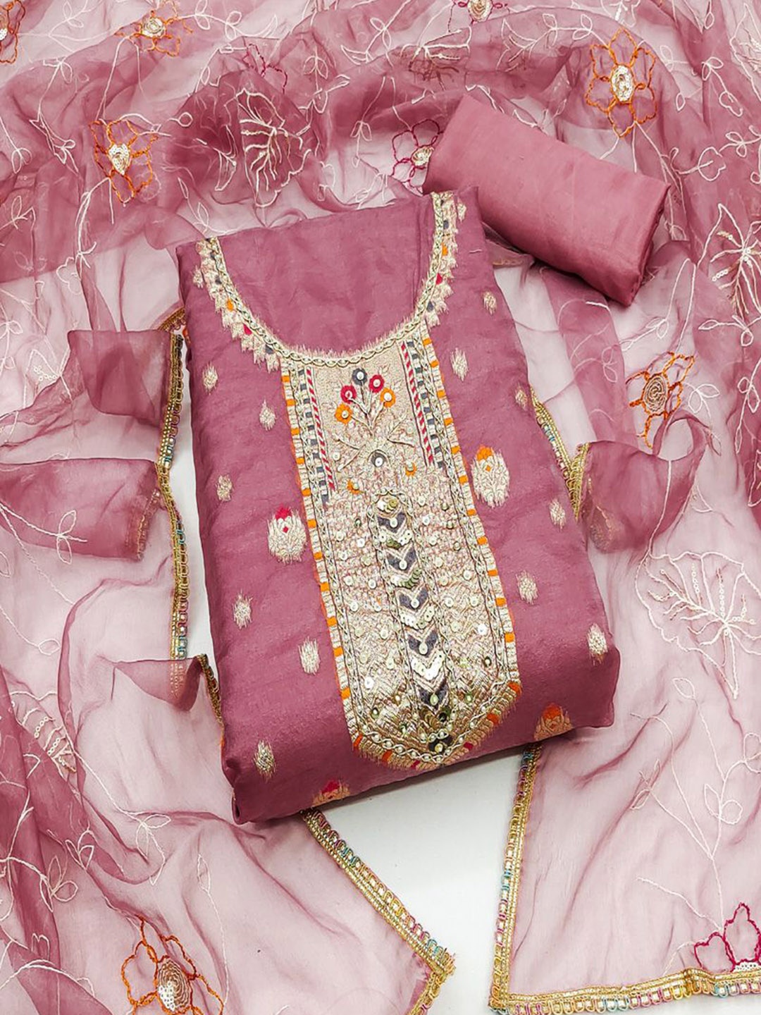 

ASISA Embroidered Organza Unstitched Dress Material, Rose