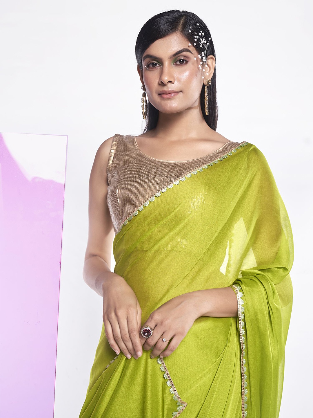 

Kalista Solid Embroidered Pure Chiffon Ready to Wear Saree, Fluorescent green