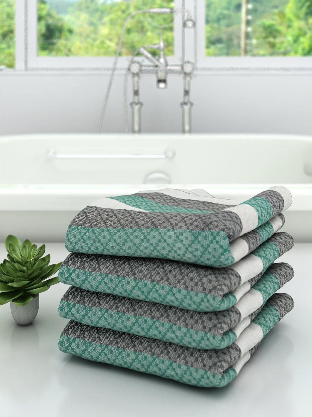 

Aura Green & Grey 4 Pieces Self Design Cotton 210 GSM Quick Dry Pure Cotton Bath Towels