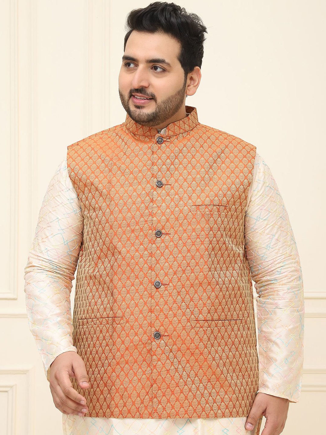 

SOJANYA PLUS Men Printed Nehru Plus Size Jacket, Orange