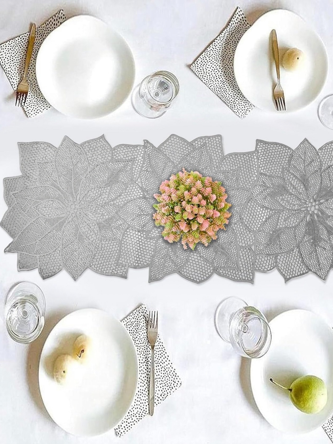 

Dakshya Industries Silver Toned Floral Table Runner