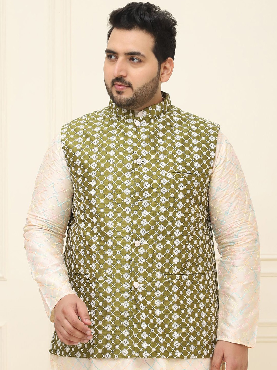 

SOJANYA PLUS Men Embroidered Nehru Plus Size Jacket, Green