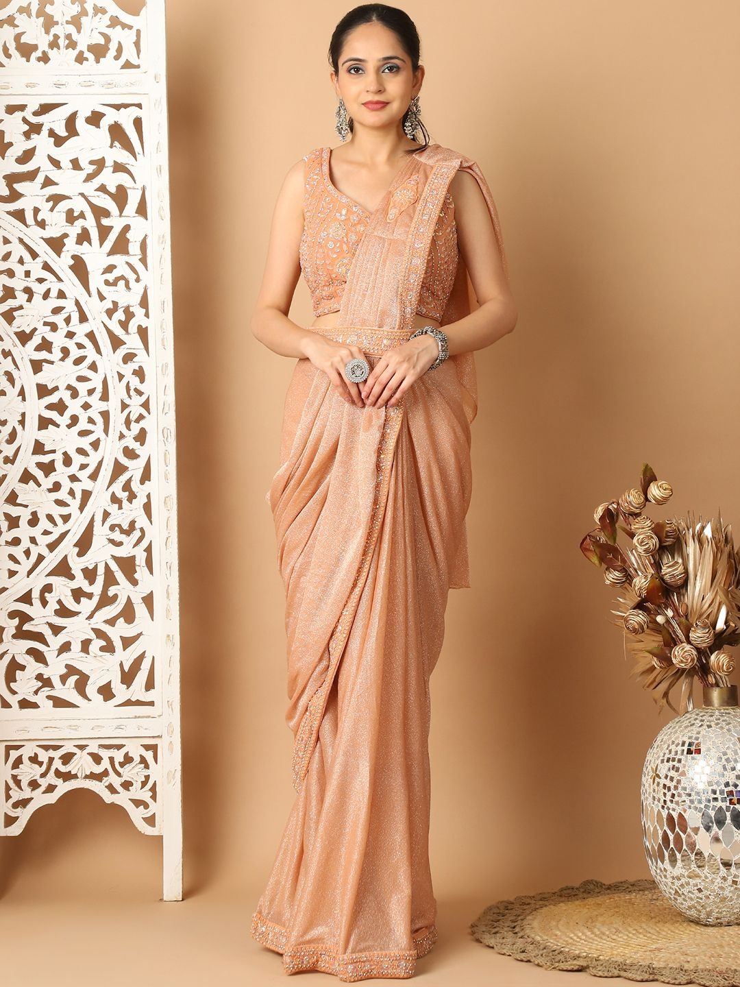 

Mitera Beads and Stone Embellished Embroidered Ready to Wear Saree, Peach