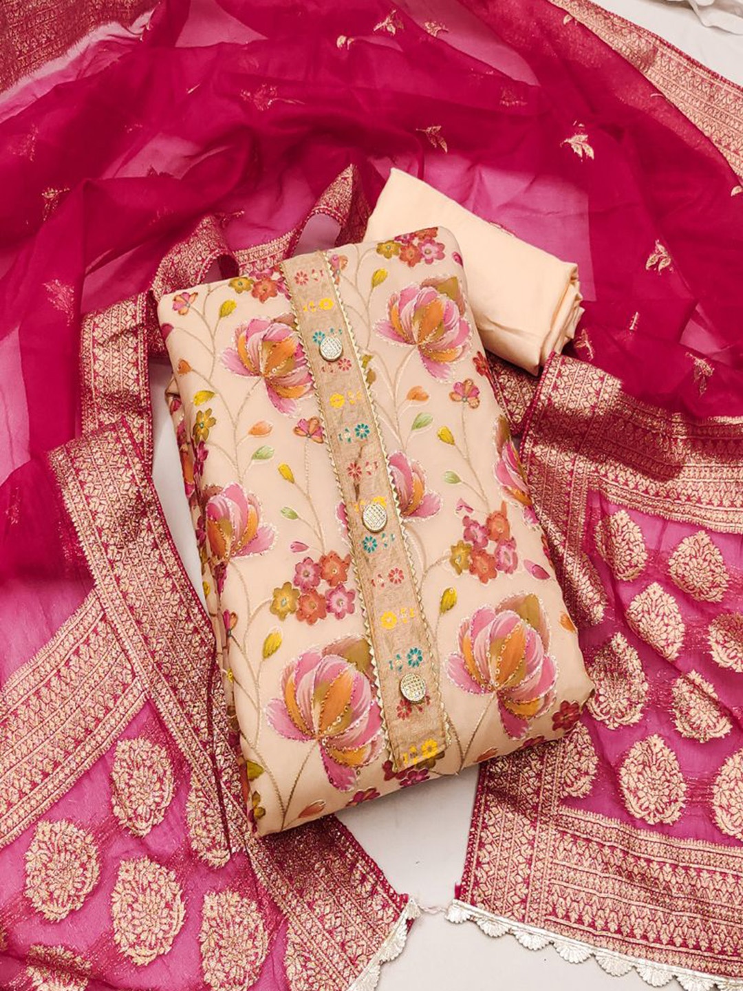 

ASISA Floral Printed Gotta Patti Organza Unstitched Dress Material, Cream