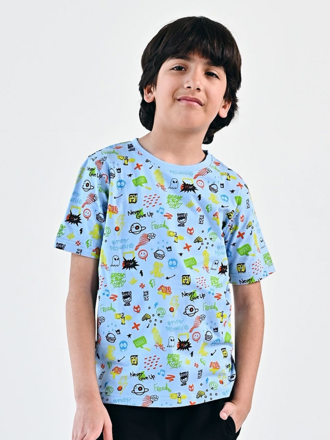 

UMILDO Boys Conversational Printed Round Neck Cotton T-shirt, Blue